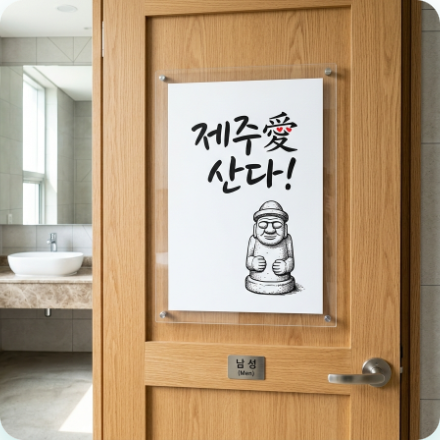 Jeju dialect panel mockup installed on restroom door